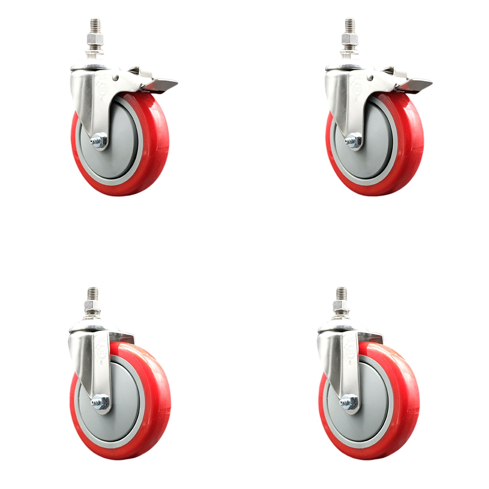 Poly Swivel Stem Caster with 5 in. Red Caster Wheels, 12 mm Threaded Stems - 316 Stainless Steel Casters - Set of 4