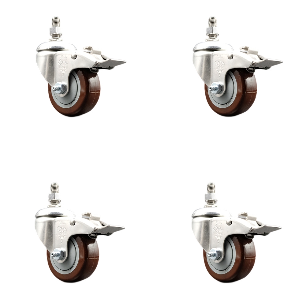Polyurethane Swivel Stem Caster with 3 in. Maroon Caster Wheels, 0.5 in. Threaded Stems - 316 Stainless Steel Casters - Set of 4