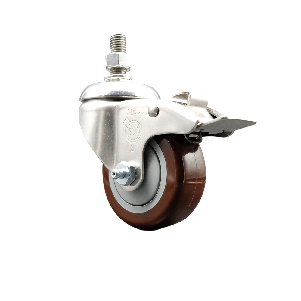 Polyurethane Swivel Stem Caster with 3.5 in. Maroon Caster Wheels & Total Lock Brake, 0.5 in. Threaded Stem - 316 Stainless Steel Caster