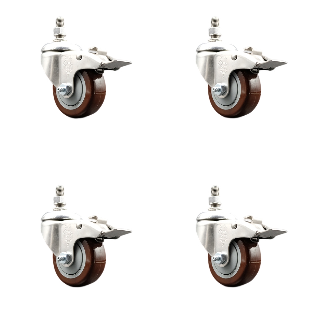 Polyurethane Swivel Stem Caster with 3 in. Maroon Caster Wheels, 0.38 in. Threaded Stems - 316 Stainless Steel Casters - Set of 4