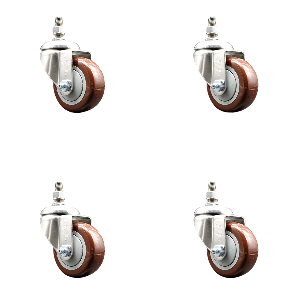 Polyurethane Swivel Stem Caster with 3.5 in. Maroon Caster Wheels, 0.38 in. Threaded Stems - 316 Stainless Steel Casters - Set of 4
