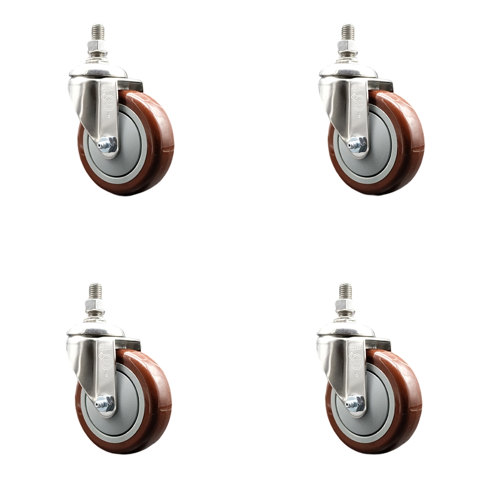 Polyurethane Swivel Stem Caster with 4 in. Maroon Caster Wheels, 0.38 in. Threaded Stems - 316 Stainless Steel Casters - Set of 4
