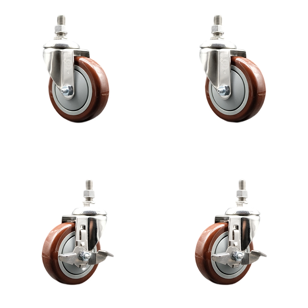 Poly Swivel Stem Caster with 4 in. Maroon Caster Wheels, 0.38 in. Threaded Stems - 316 Stainless Steel Casters - Set of 4
