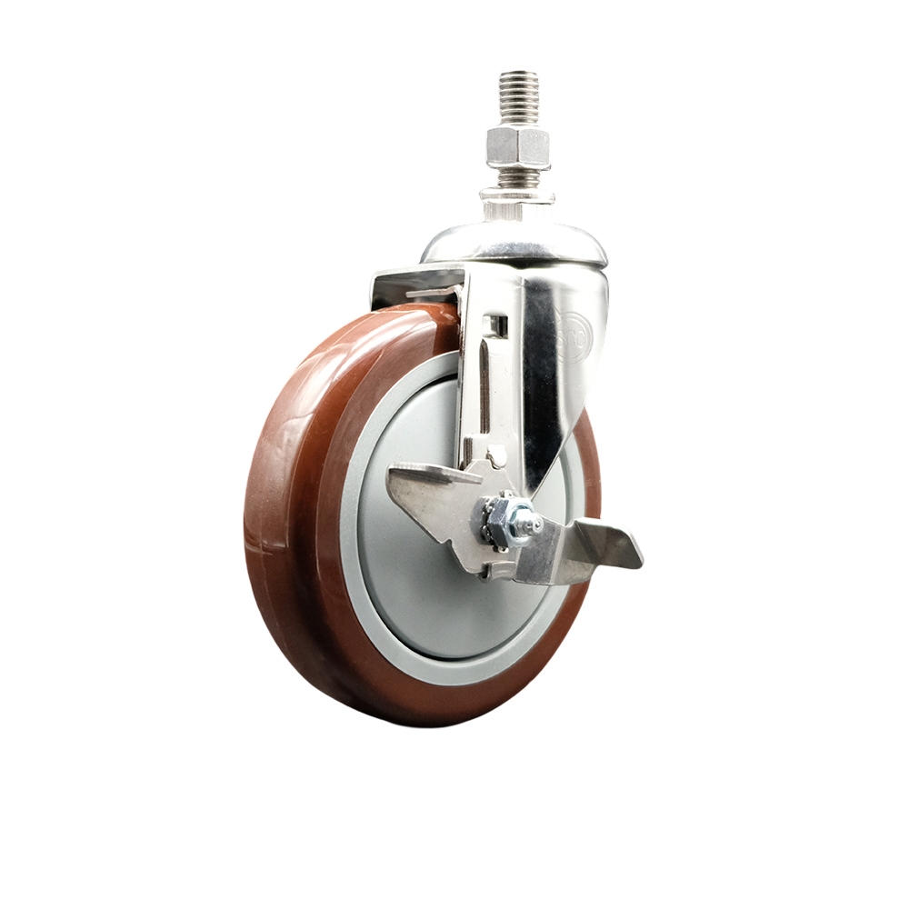 Polyurethane Swivel Stem Caster with 5 in. Maroon Caster Wheels & Top Lock Brake, 0.38 in. Threaded Stem - 316 Stainless Steel Caster