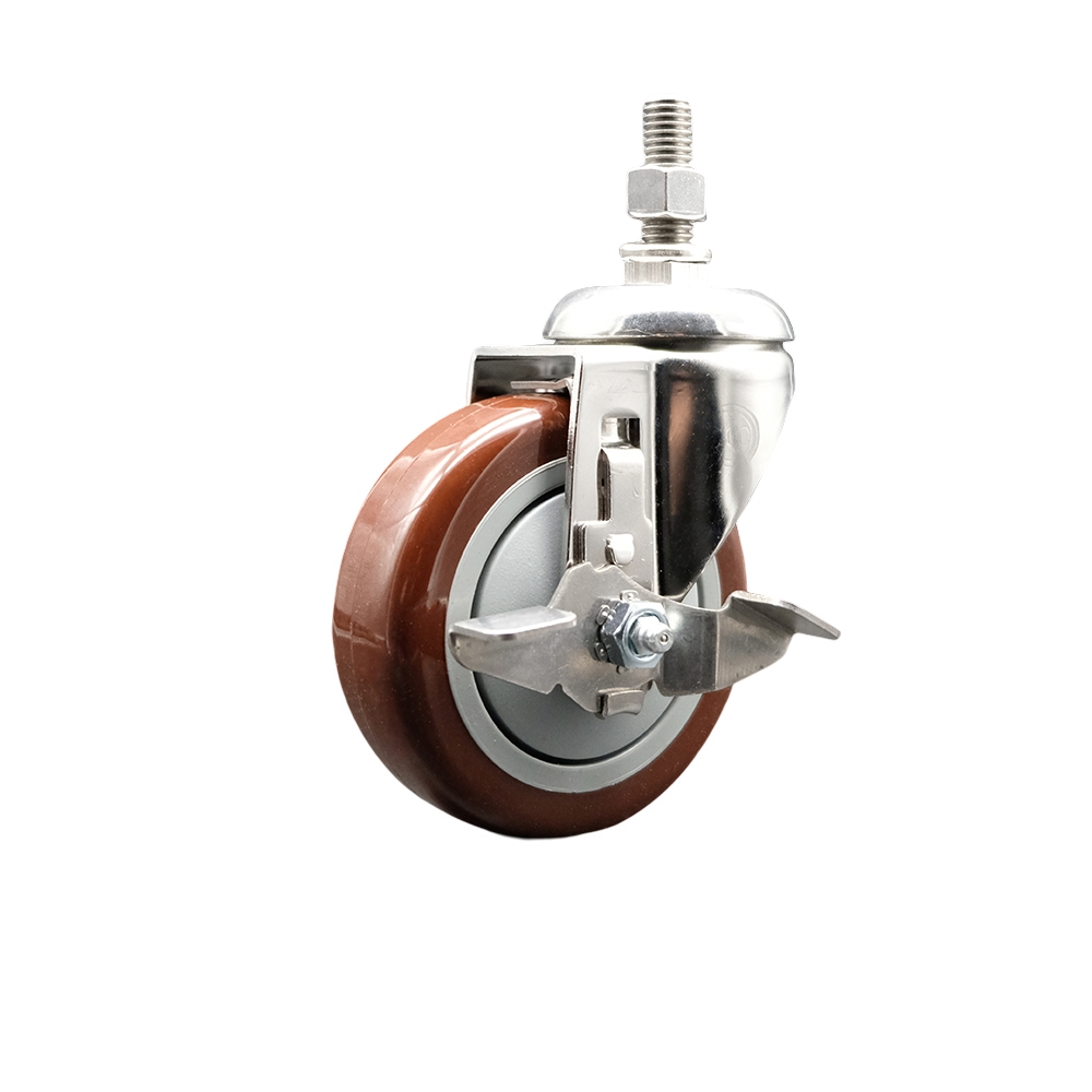 Polyurethane Swivel Stem Caster with 4 in. Maroon Caster Wheels & Top Lock Brake, 10 mm Threaded Stem - 316 Stainless Steel Caster