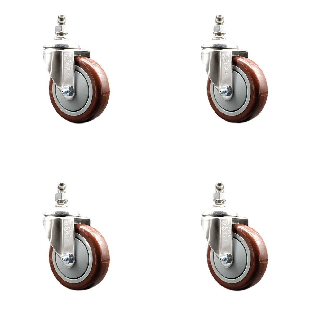 Polyurethane Swivel Stem Caster with 4 in. Maroon Caster Wheels, 12 mm Threaded Stems - 316 Stainless Steel Casters - Set of 4