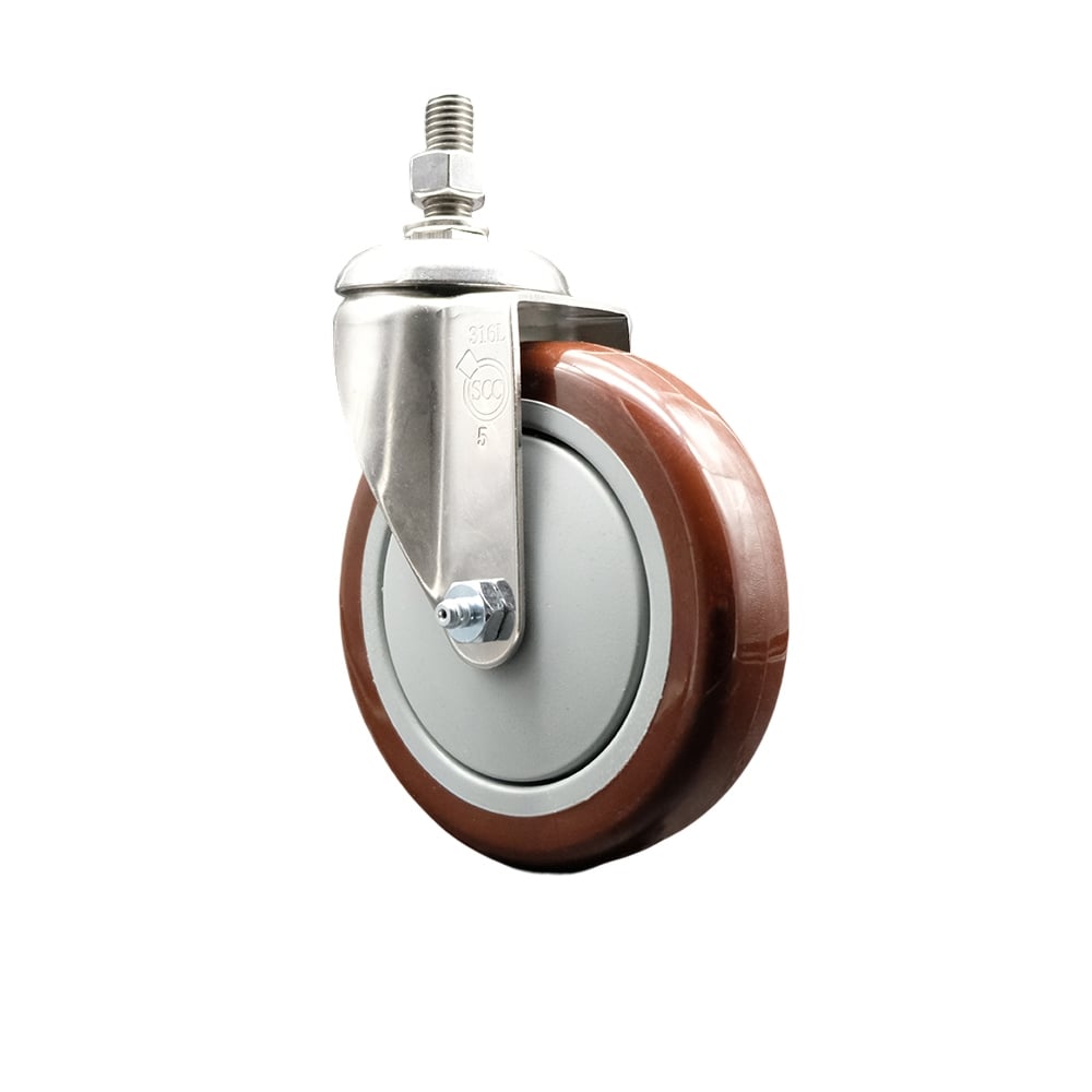 Polyurethane Swivel Stem Caster with 5 in. Maroon Caster Wheels, 12 mm Threaded Stem - 316 Stainless Steel Caster