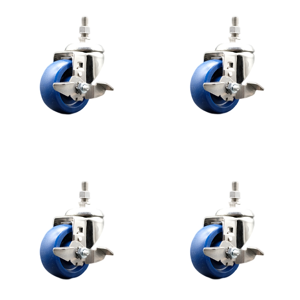 Solid Polyurethane Swivel Stem Caster with 3 in. Caster Wheels, 0.5 in. Threaded Stems - 316 Stainless Steel Casters - Set of 4