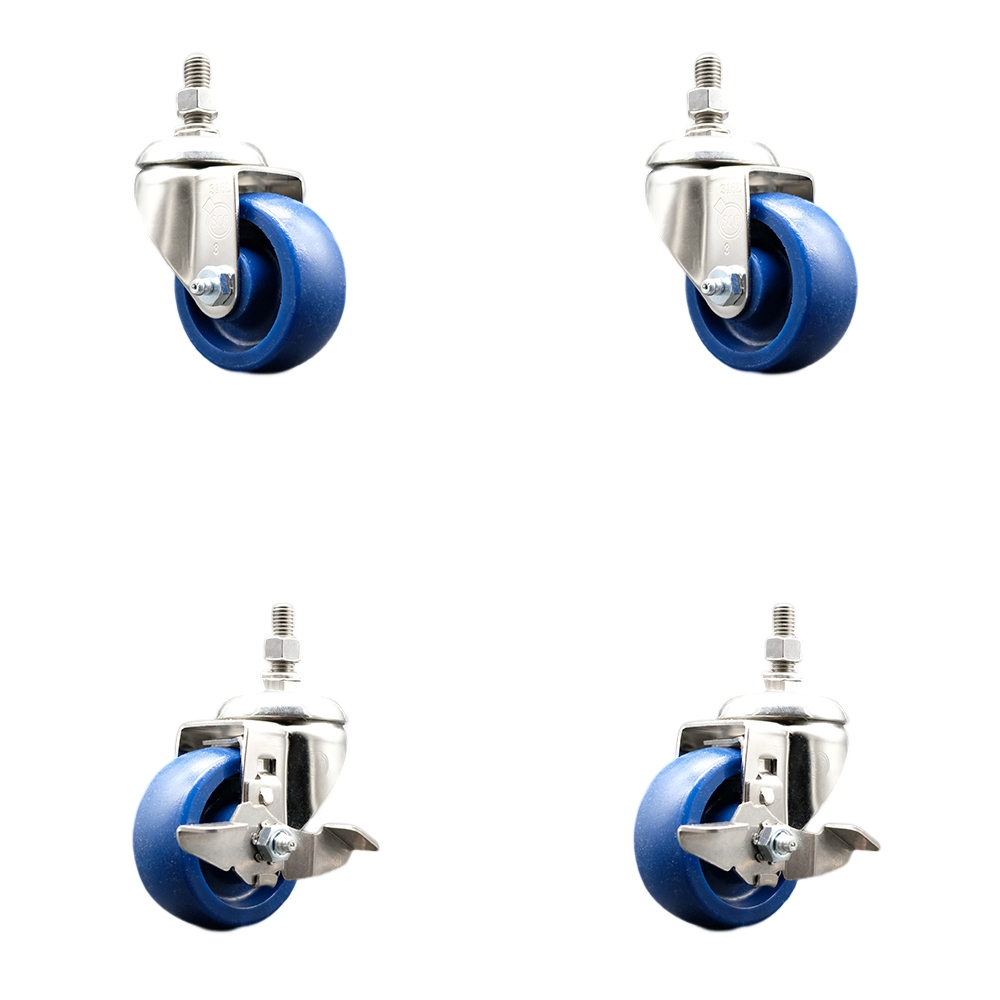Solid Poly Swivel Stem Caster with 3 in. Caster Wheels, 0.5 in. Threaded Stems - 316 Stainless Steel Casters - Set of 4