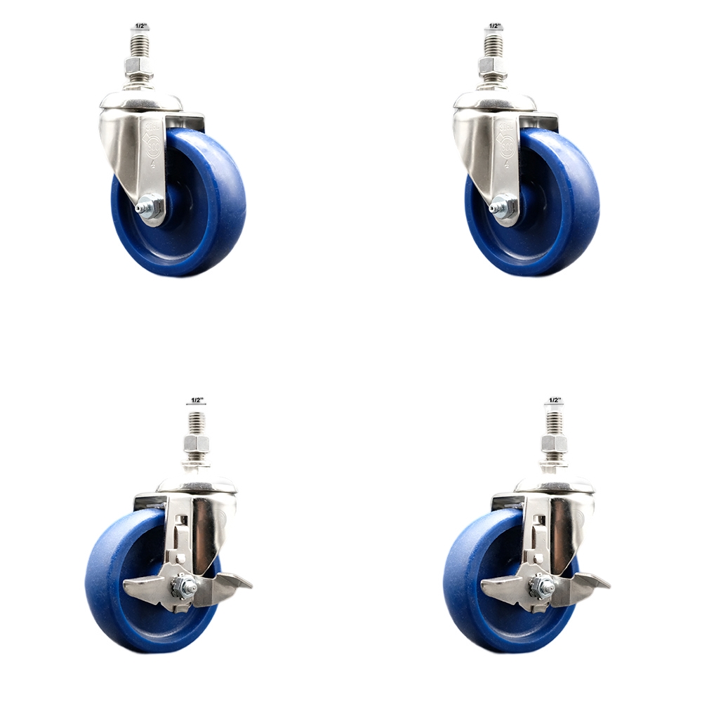 Solid Poly Swivel Stem Caster with 4 in. Caster Wheels, 0.5 in. Threaded Stems - 316 Stainless Steel Casters - Set of 4
