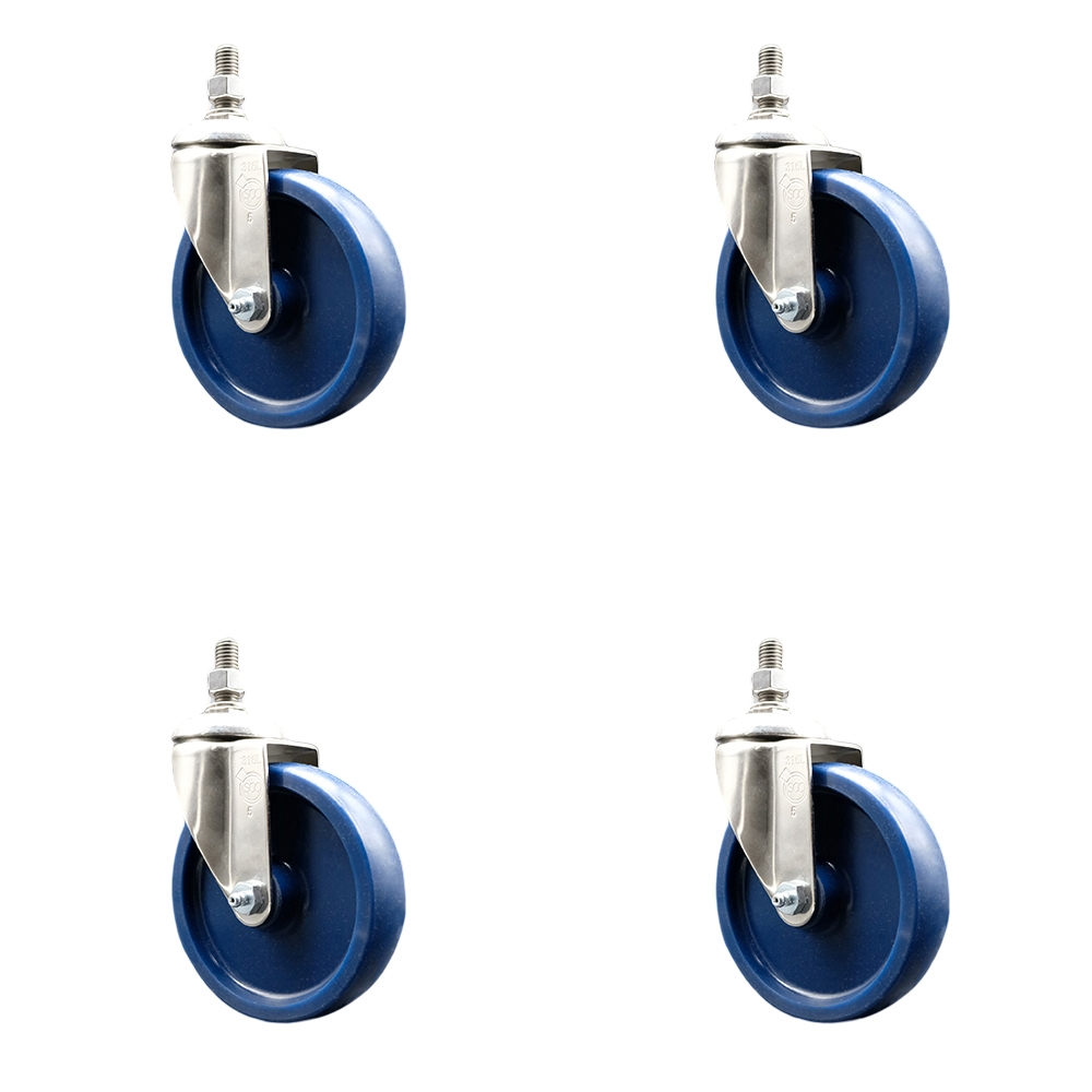 Solid Polyurethane Swivel Stem Caster with 5 in. Caster Wheels, 0.5 in. Threaded Stems - 316 Stainless Steel Casters - Set of 4