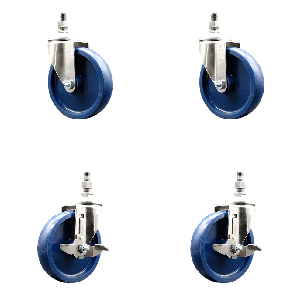 Solid Poly Swivel Stem Caster with 5 in. Caster Wheels, 0.5 in. Threaded Stems - 316 Stainless Steel Casters - Set of 4