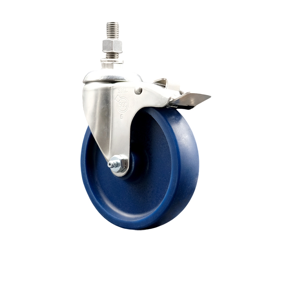 Solid Polyurethane Swivel Stem Caster with 5 in. Blue Caster Wheels & Total Lock Brake, 0.38 in. Threaded Stem - 316 Stainless Steel Caster