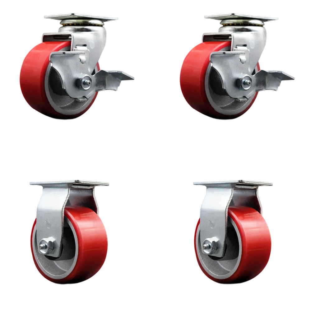 SCC-20S420-PUB-RS-TLB-2-R-2 Swivel & Rigid Plate Caster Set, Red - 4 in. by 2 in. Polyurethane on Cast Iron Wheel Ball Bearing
