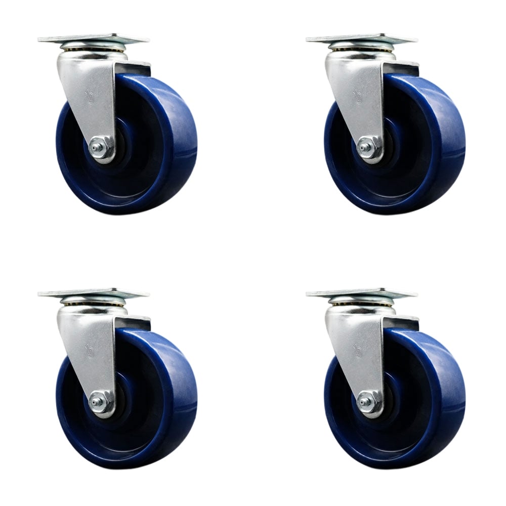 SCC-20S520-SPUR-4 Swivel Top Plate Caster Set, Blue - 5 in. by 2 in. Solid Polyurethane Wheel Roller Bearing