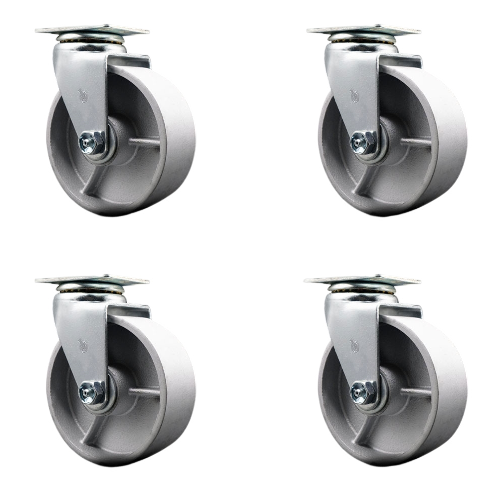 SCC-20S520-SSB-4 Swivel Top Plate Caster Set, Silver - 5 in. by 2 in. Semi Steel Cast Iron Wheel Ball Bearing