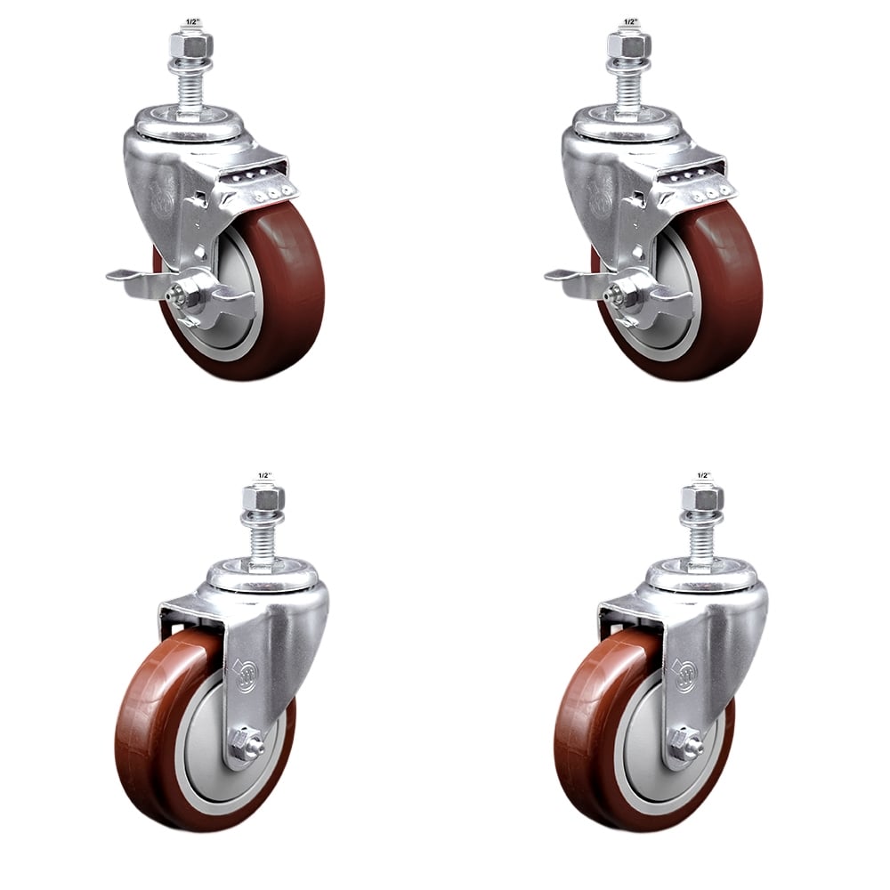 Stainless Steel Polyurethane Swivel Threaded Stem Caster with 4 x 1.25 in. Maroon Wheels & 0.5 in. Stems - Set of 4