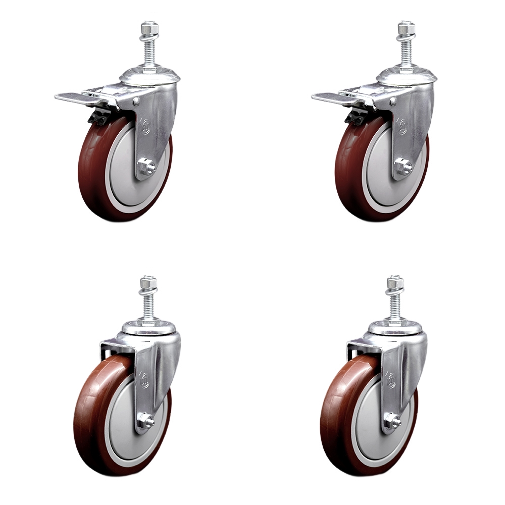 Stainless Steel Polyurethane Swivel Threaded Stem Caster with 5 x 1.25 in. Maroon Wheels & 0.38 in. Stems - Set of 4