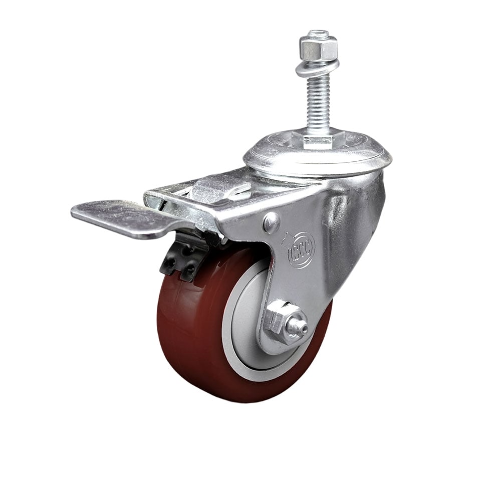 SCC-TSTTL20S3514-PPUB-MRN-M1015 Polyurethane Swivel Threaded Stem Caster with 3.5 x 1.25 in. Maroon Wheel & 10 mm Stem & Total Locking Brake