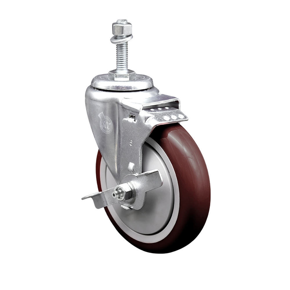 SCC-TS20S514-PPUB-MRN-TLB-M1015 Polyurethane Swivel Threaded Stem Caster with 5 x 1.25 in. Maroon Wheel & 10 mm Stem & Top Locking Brake