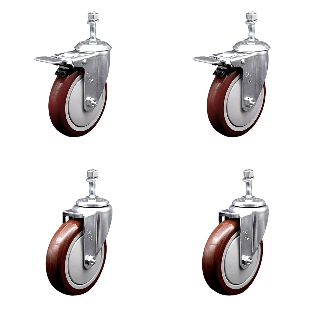 SCC-TSTTL20S514-PPUB-MRN-M1015-2-S-2 Polyurethane Swivel Threaded Stem Caster with 5 x 1.25 in. Maroon Wheels & 10 mm Stems - Set of 4
