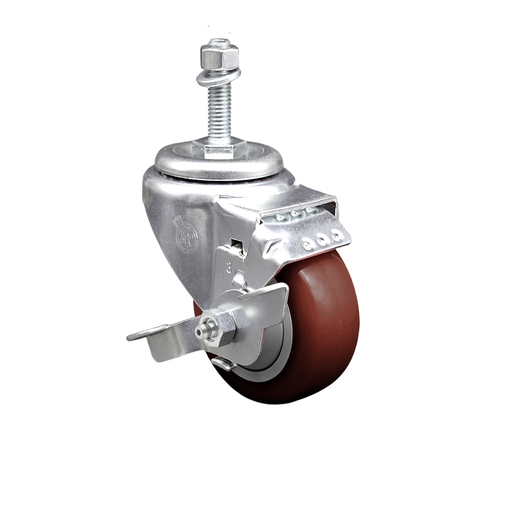 Stainless Steel Polyurethane Swivel Threaded Stem Caster with 3.5 x 1.25 in. Maroon Wheel & 10 mm Stem & Top Locking Brake