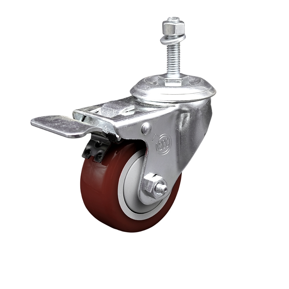Stainless Steel Polyurethane Swivel Threaded Stem Caster with 3.5 x 1.25 in. Maroon Wheel & 10 mm Stem & Total Locking Brake
