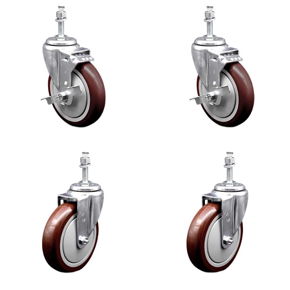 Stainless Steel Polyurethane Swivel Threaded Stem Caster with 5 x 1.25 in. Maroon Wheels & 10 mm Stems - Set of 4