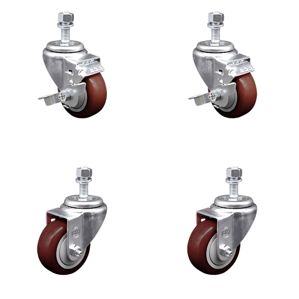 SCC-TS20S314-PPUB-MRN-TLB-M1215-2-S-2 Polyurethane Swivel Threaded Stem Caster with 3 x 1.25 in. Maroon Wheels & 12 mm Stems - Set of 4