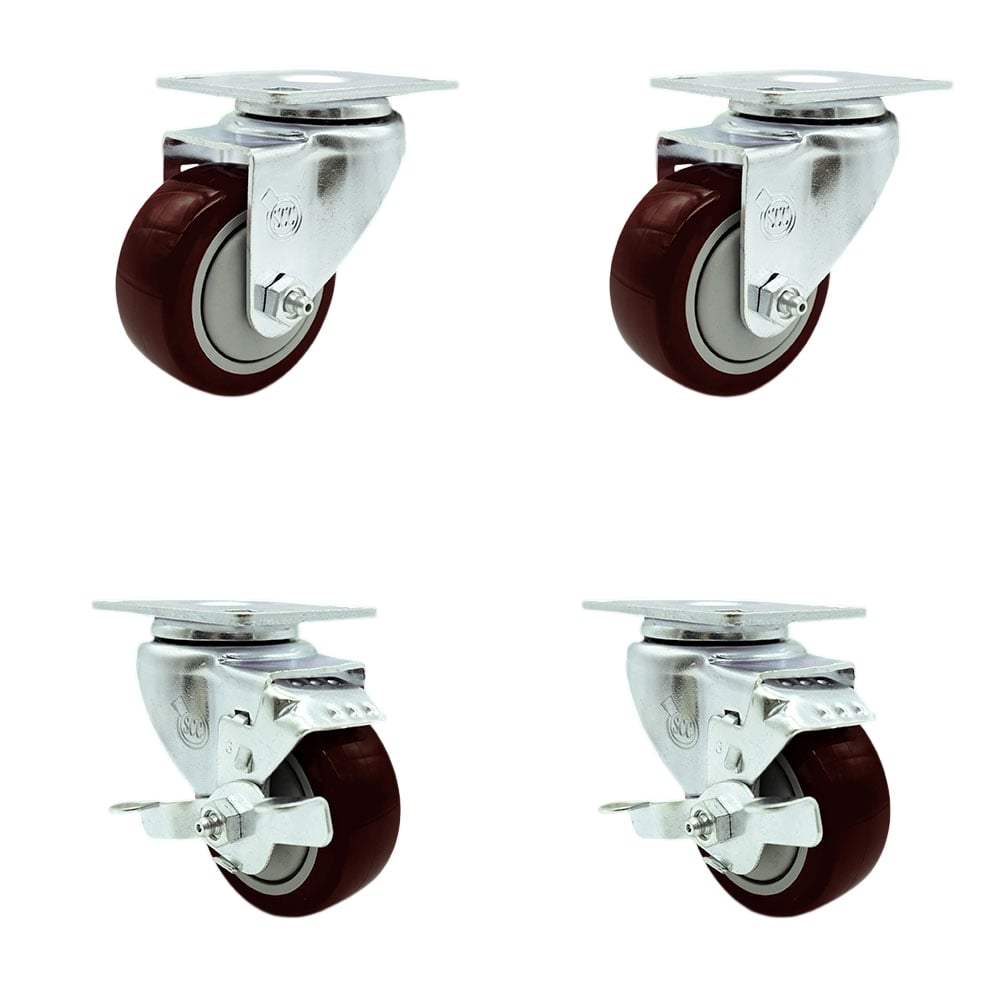SCC-SS20S314-PPUB-MRN-2-TLB-2 Stainless Steel Polyurethane Swivel Top Plate Caster with 3 x 1.25 in. Maroon Wheels - Set of 4