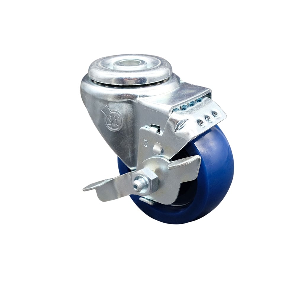 SCC-SSBH20S3514-SPUS-TLB Stainless Steel Solid Polyurethane Swivel Bolt Hole Caster with 3.5 x 1.25 in. Blue Wheel & Top Locking Brake