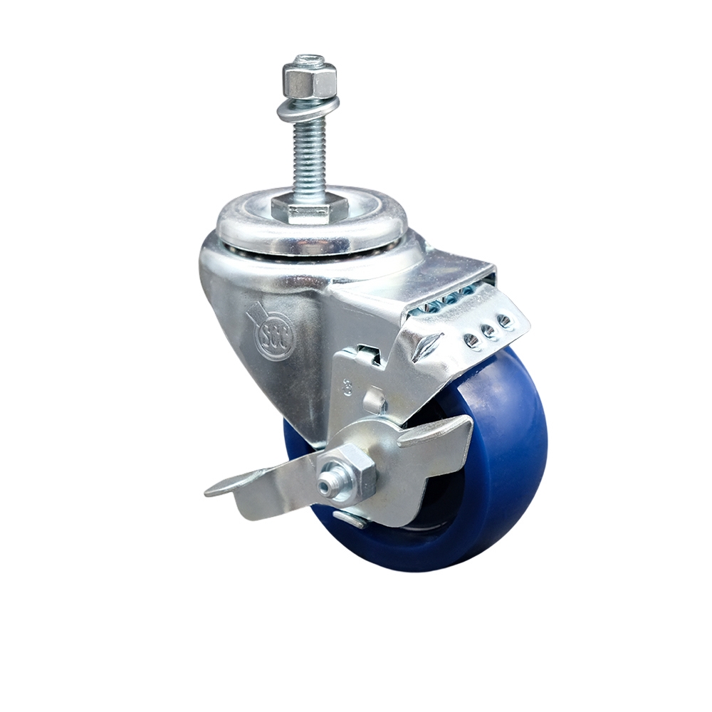 SCC-TS20S3514-SPUS-TLB-M1015 Solid Polyurethane Swivel Threaded Stem Caster with 3.5 x 1.25 in. Blue Wheel & 10 mm Stem & Top Locking Brake
