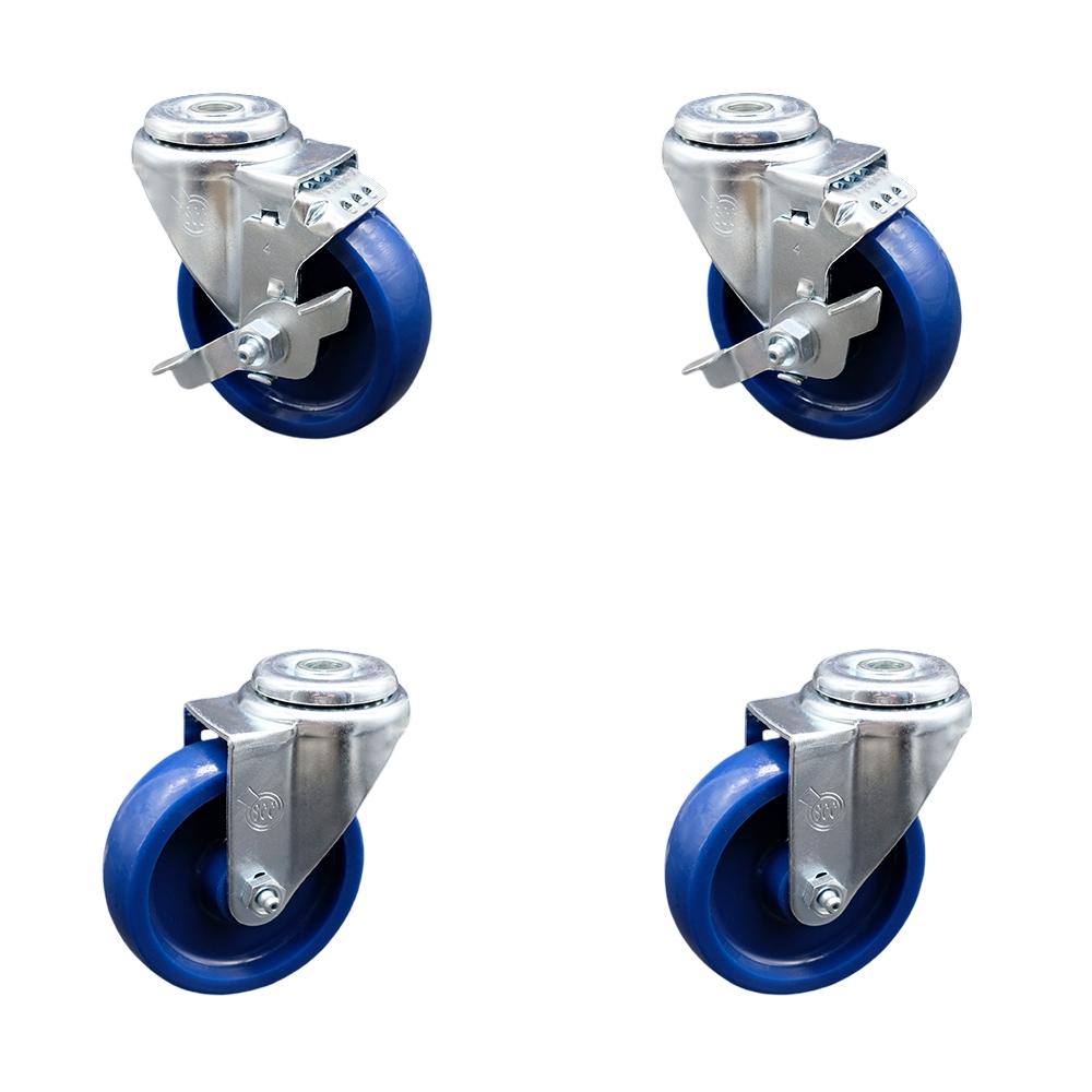 SCC-BH20S414-SPUS-2-TLB-2 Solid Polyurethane Swivel Bolt Hole Caster with 4 x 1.25 in. Blue Wheels - Set of 4