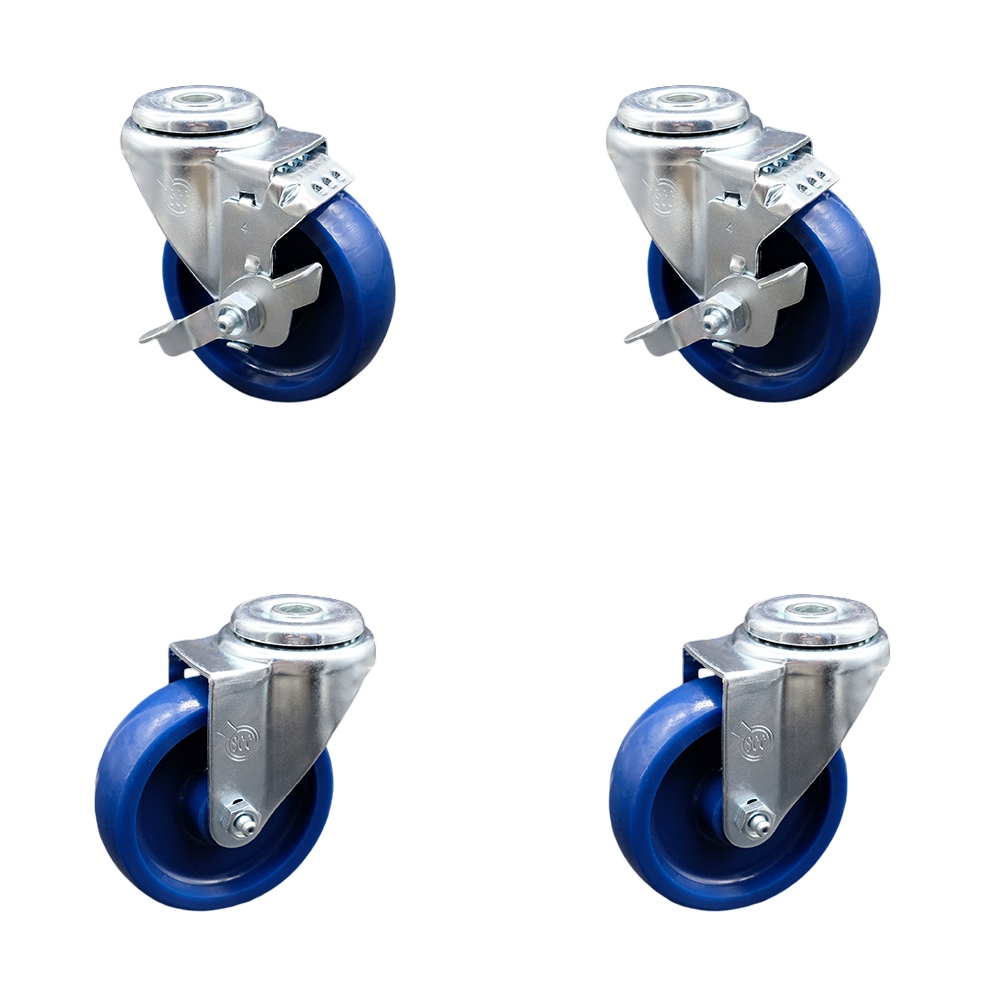 SCC-SSBH20S414-SPUS-2-TLB-2 Stainless Steel Solid Polyurethane Swivel Bolt Hole Caster with 4 x 1.25 in. Blue Wheels - Set of 4