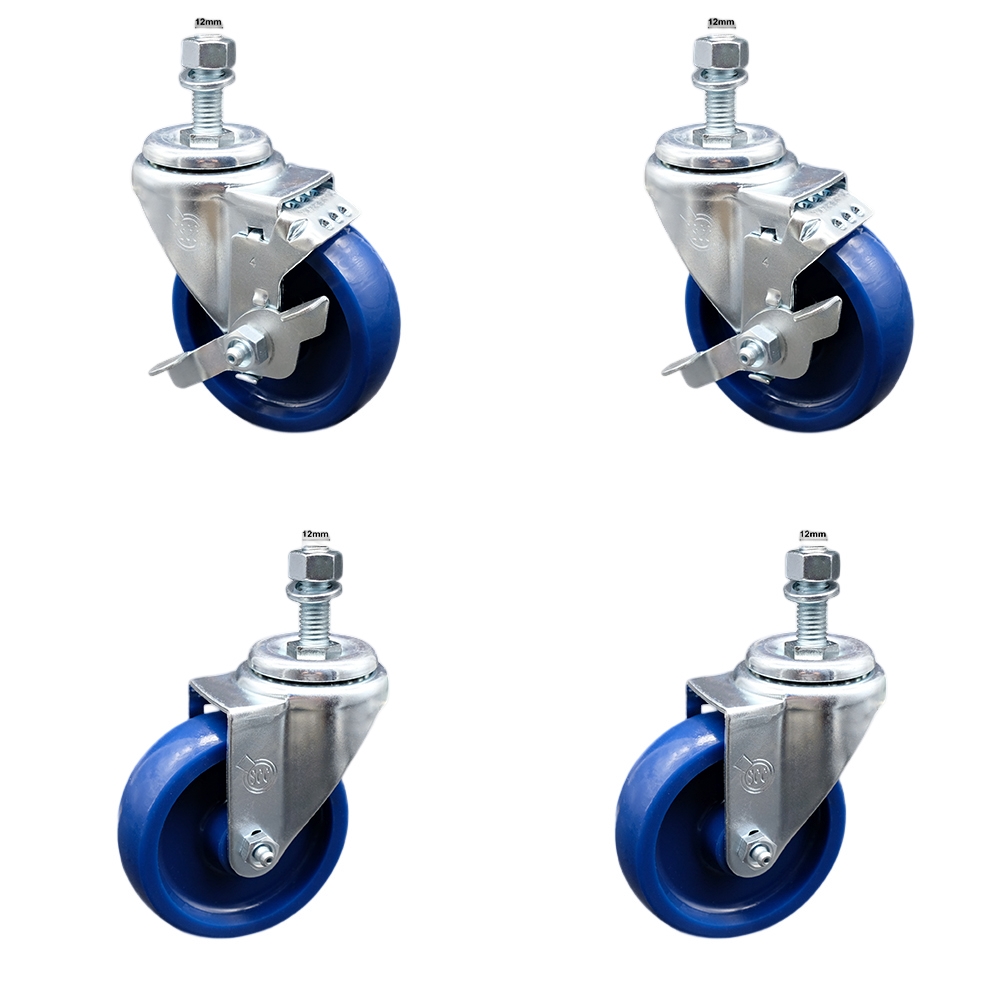 Stainless Steel Solid Polyurethane Swivel Threaded Stem Caster with 4 x 1.25 in. Blue Wheels & 12 mm Stems - Set of 4