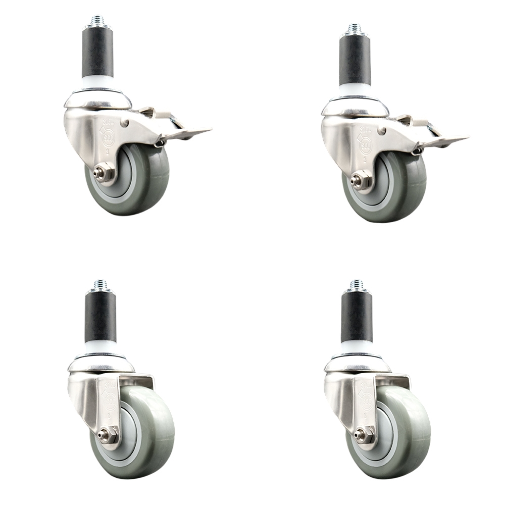 Polyurethane Swivel Stem Caster with 3 in. Gray Caster Wheels, 1.38 in. Expanding Stem - 316 Stainless Steel Casters - Set of 4