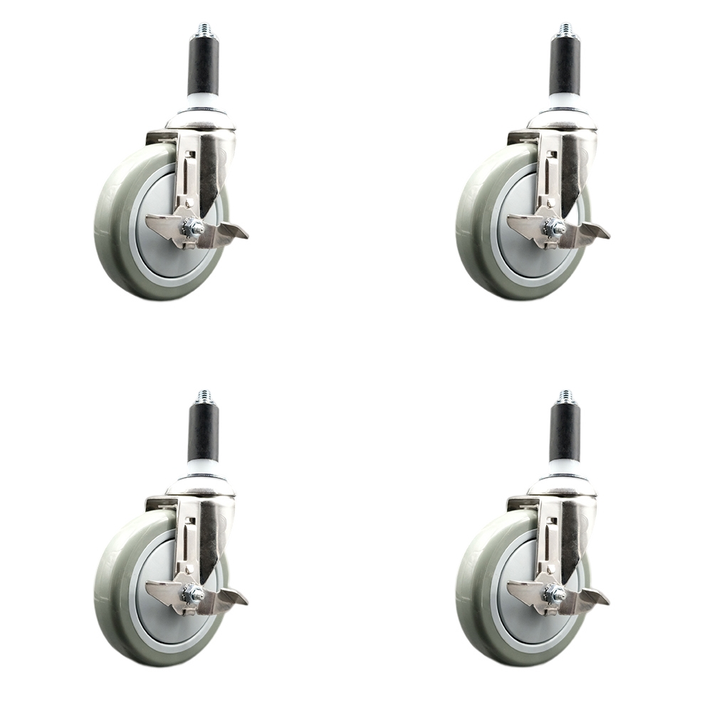 Polyurethane Swivel Stem Caster with 5 in. Gray Caster Wheels, 1.38 in. Expanding Stems - 316 Stainless Steel Casters - Set of 4