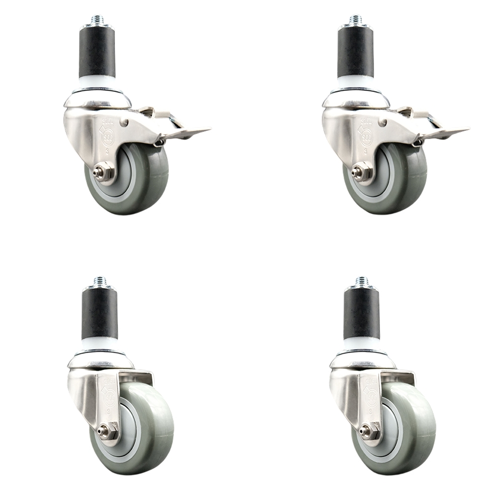 Polyurethane Swivel Stem Caster with 3.5 in. Gray Caster Wheels, 1.63 in. Expanding Stem - 316 Stainless Steel Casters - Set of 4