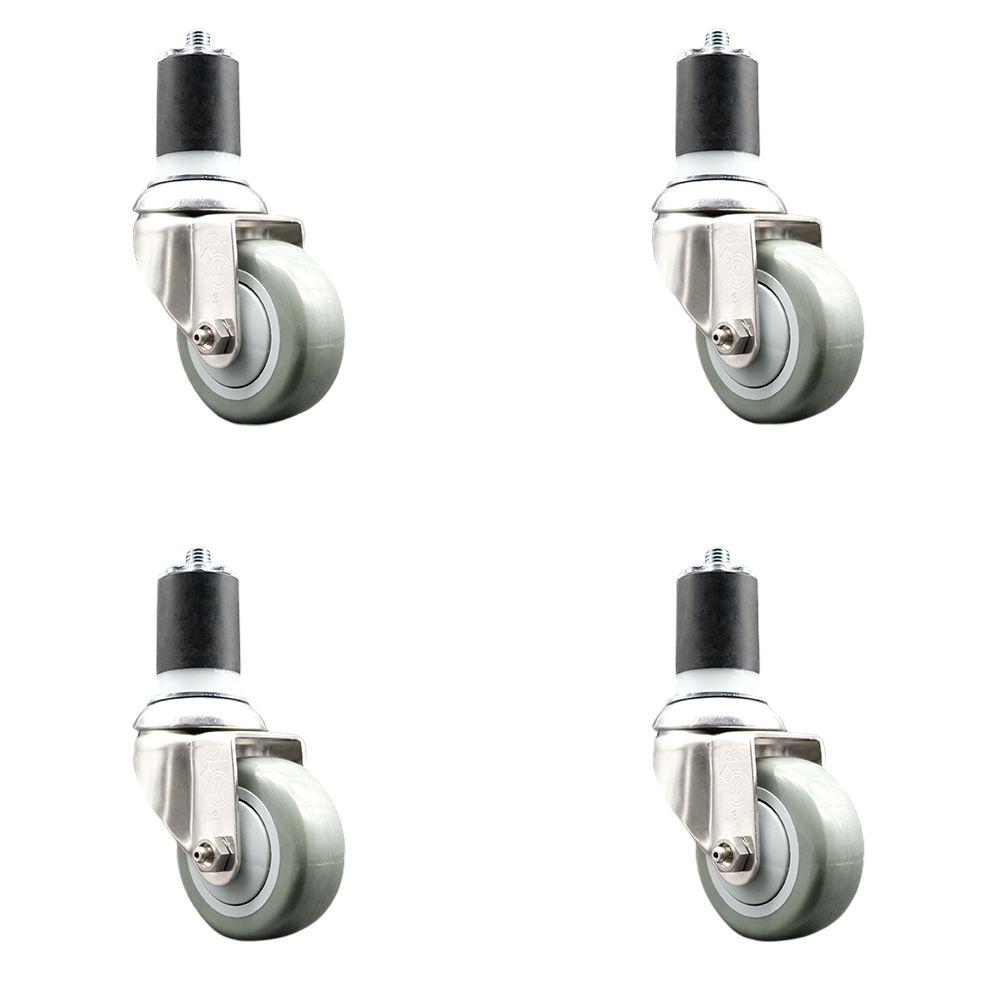 Polyurethane Swivel Stem Caster with 3 in. Gray Caster Wheels, 1.75 in. Expanding Stems - 316 Stainless Steel Casters - Set of 4
