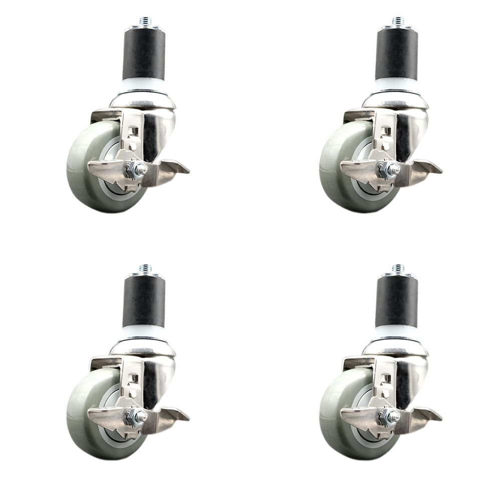 Polyurethane Swivel Stem Caster with 3 in. Gray Caster Wheels, 1.75 in. Expanding Stems - 316 Stainless Steel Casters - Set of 4