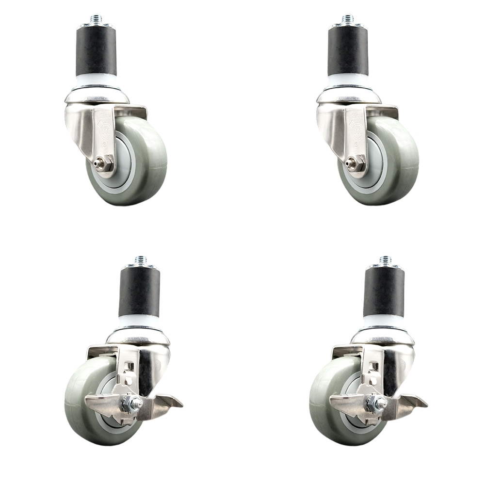 Polyurethane Swivel Stem Caster with 3 in. Gray Caster Wheels, 1.75 in. Expanding Stems - 316 Stainless Steel Casters - Set of 4