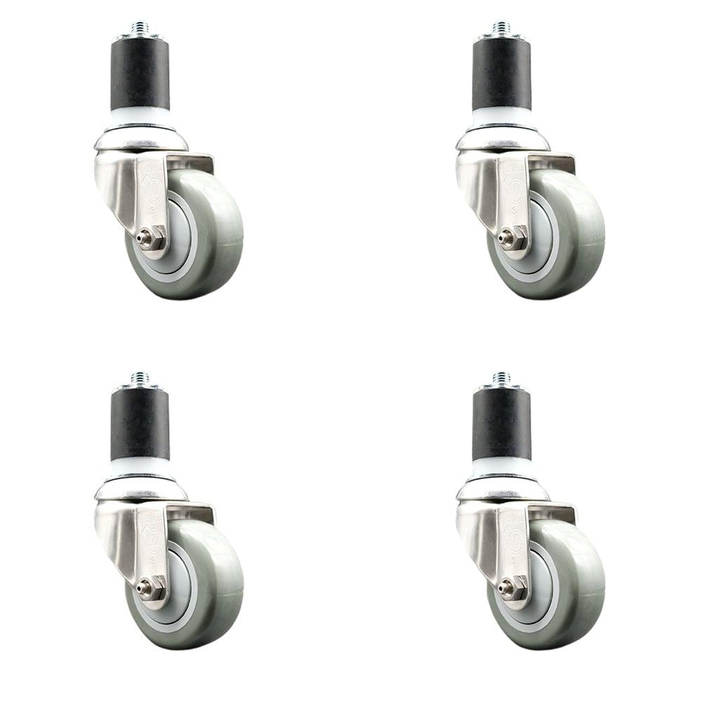 Polyurethane Swivel Stem Caster with 3 in. Gray Caster Wheels, 1.87 in. Expanding Stems - 316 Stainless Steel Casters - Set of 4