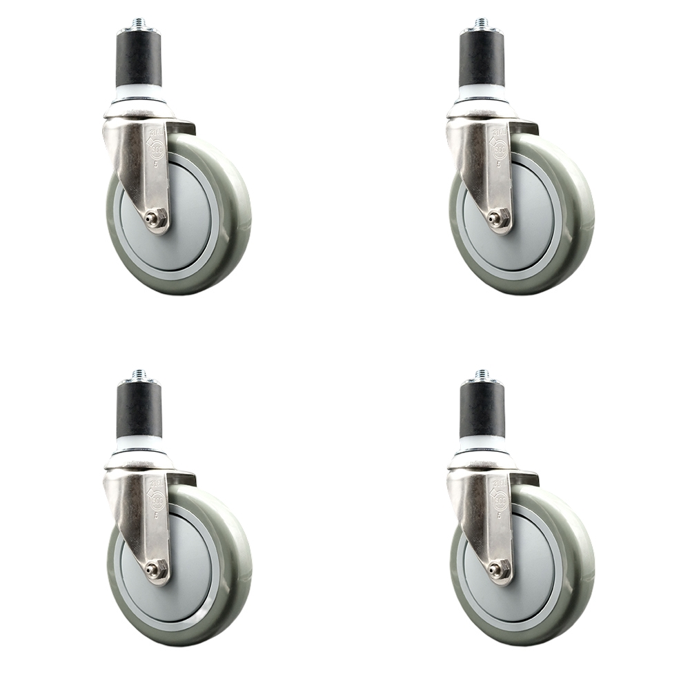 Polyurethane Swivel Stem Caster with 5 in. Gray Caster Wheels, 1.87 in. Expanding Stems - 316 Stainless Steel Casters - Set of 4