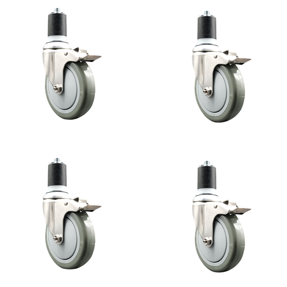 Polyurethane Swivel Stem Caster with 5 in. Gray Caster Wheels, 1.87 in. Expanding Stems - 316 Stainless Steel Casters - Set of 4