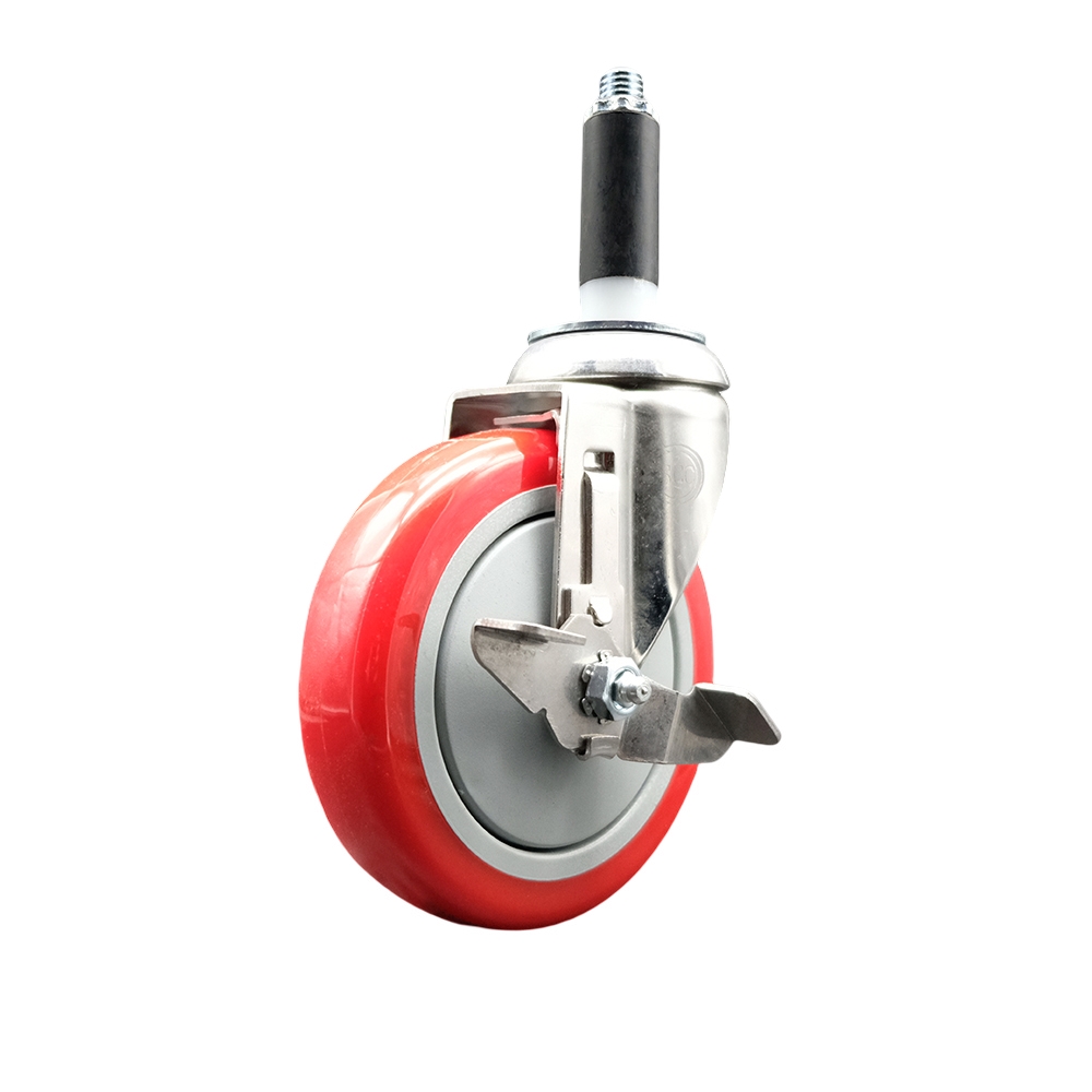 Polyurethane Swivel Stem Caster with 5 in. Red Caster Wheels & Top Lock Brake, 0.75 in. Expanding Stem - 316 Stainless Steel Caster