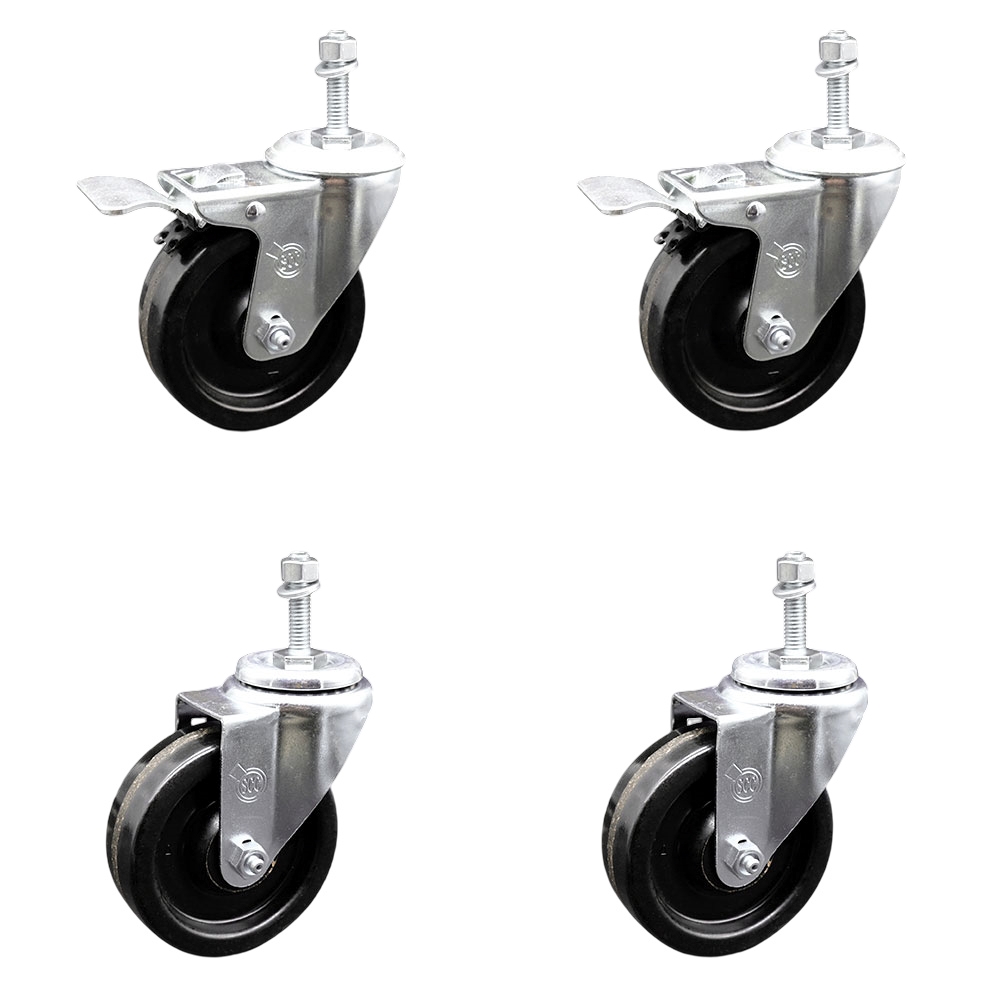 SCC-TSTTL20S414-PHR-381615-2-S-2 Phenolic Swivel Threaded Stem Caster with Roller Bearing 4 x 1.25 in. Black Wheels & 0.38 in. Stems - Set of 4