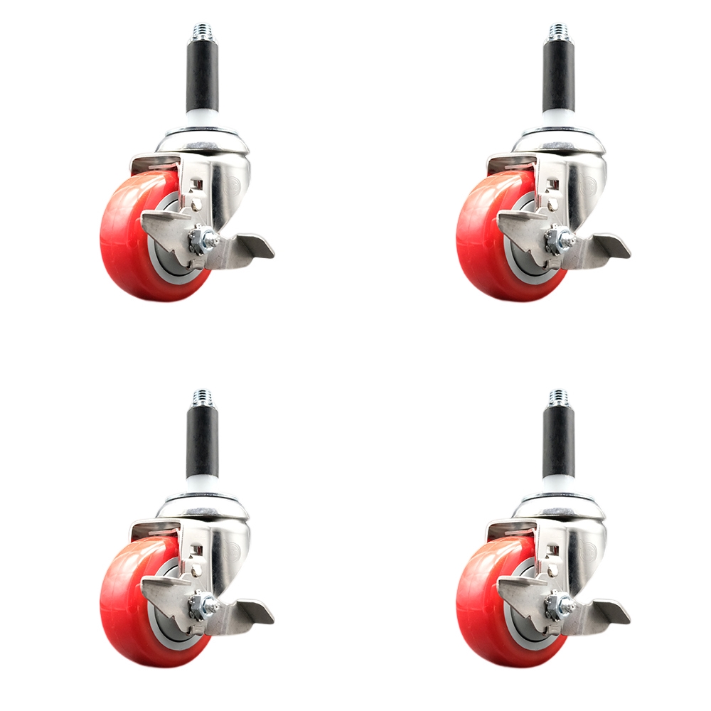 Polyurethane Swivel Stem Caster with 3 in. Red Caster Wheels, 0.87 in. Expanding Stems - 316 Stainless Steel Casters - Set of 4