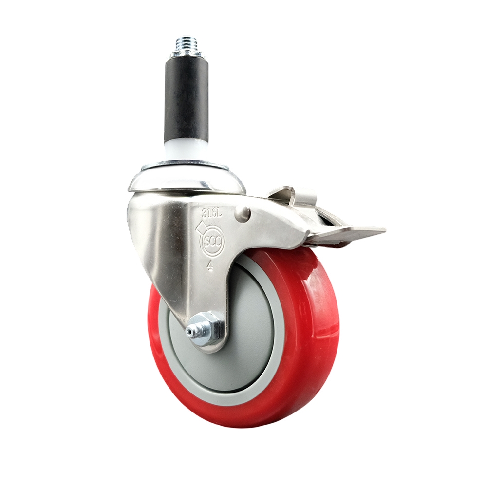 Polyurethane Swivel Stem Caster with 4 in. Red Caster Wheels & Total Lock Brake, 1 in. Expanding Stem - 316 Stainless Steel Caster