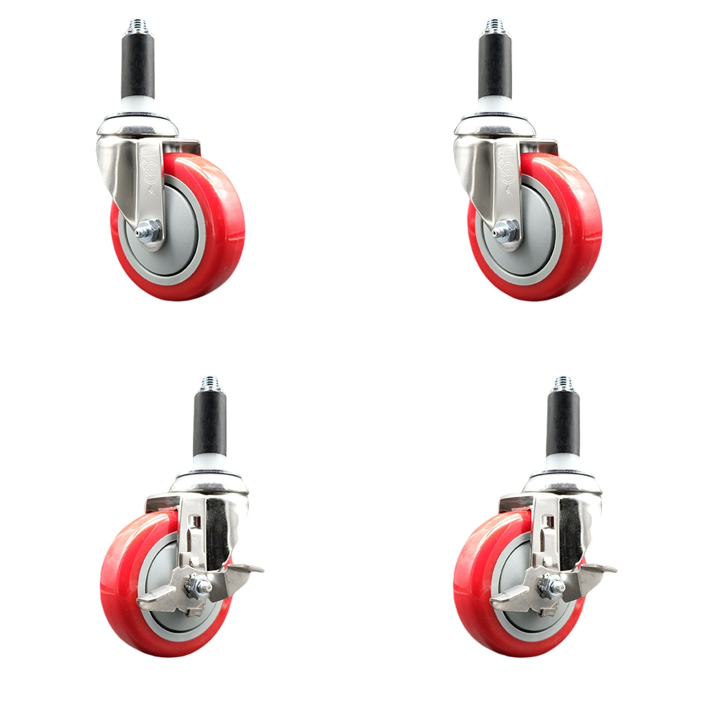 Polyurethane Swivel Stem Caster with 4 in. Red Caster Wheels, 1 in. Expanding Stems - 316 Stainless Steel Casters - Set of 4