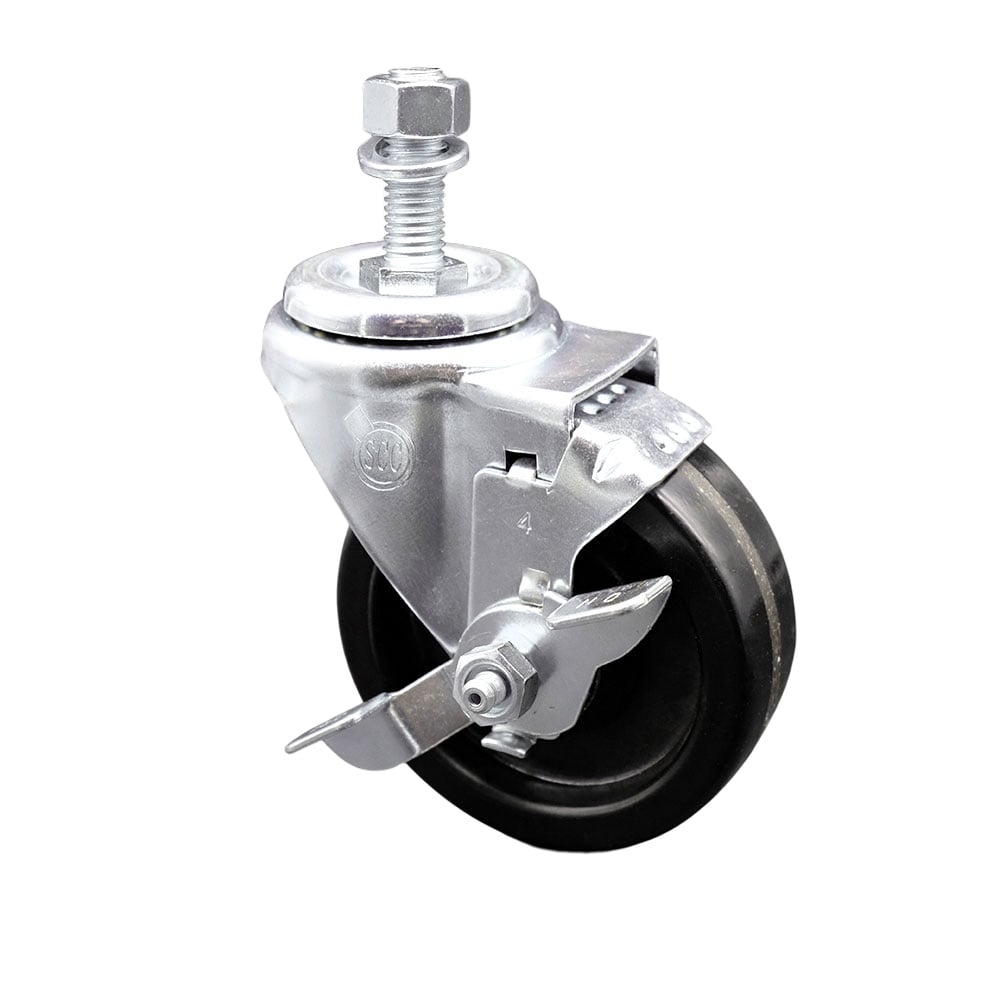SCC-TS20S414-PHR-TLB-M1215 Phenolic Swivel Threaded Stem Caster with Roller Bearing 4 x 1.25 in. Black Wheel & 12 mm Stem & Top Locking Brake